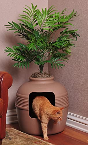 Good Pet Stuff, Caja de Arena Oculta Original y Kit Esencial de Forro Reutilizable, Caja de Arena Redonda Cerrada para Gatos con Plantas Artificiales, Sistema de Filtro de Olor a Carbono ventilado,