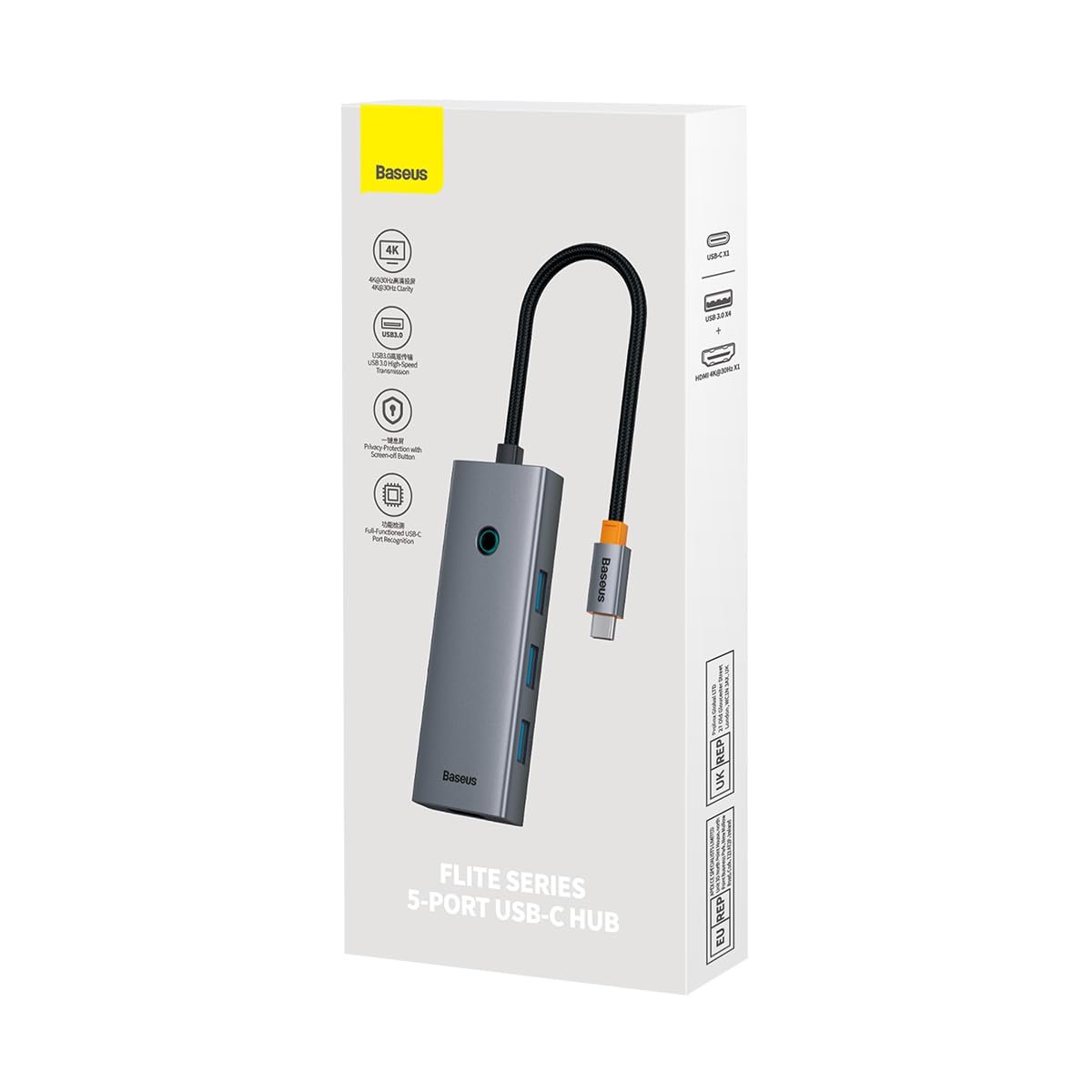 Baseus USB-C Flite Series Hub de 5 Puertos, HDMI y 4 USB3.0, Aleación de Aluminio, Velocidad hasta 5Gbps, 4K 30Hz, Gris