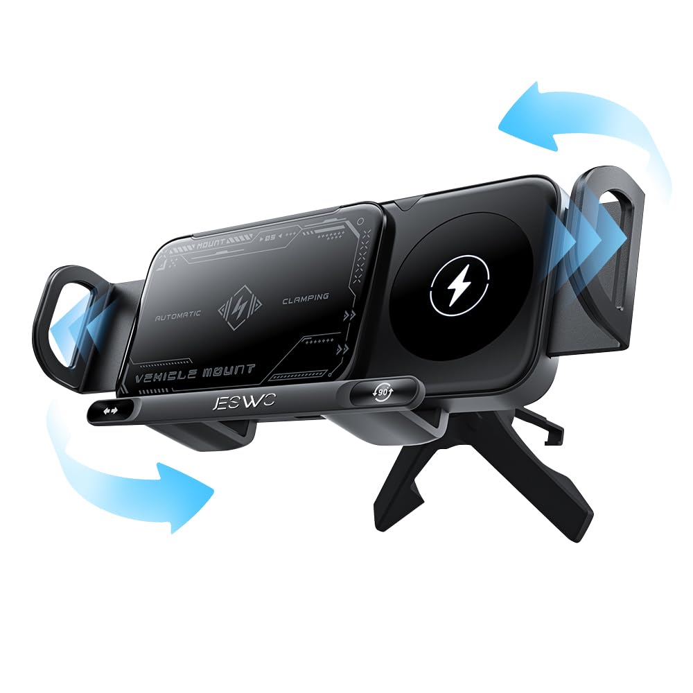 JESWO mag Safe Cargador Inalámbrico para Auto 15W, Soporte Celular Automóvil con Botón de Liberación y Botón de Giratorio 90°, Uso con Una Sola Mano para iPhone 16/15/14/13 Pro MAX, Galaxy S23 Ultra