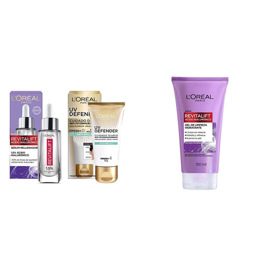 L'Oréal Paris Kit serum facial Revitalift Ácido Hialurónico y bloqueador solar anti-brillo UV Defender FPS 50 + + Gel Limpiador Facial Revitalift Ácido Hialurónico, 150 ml