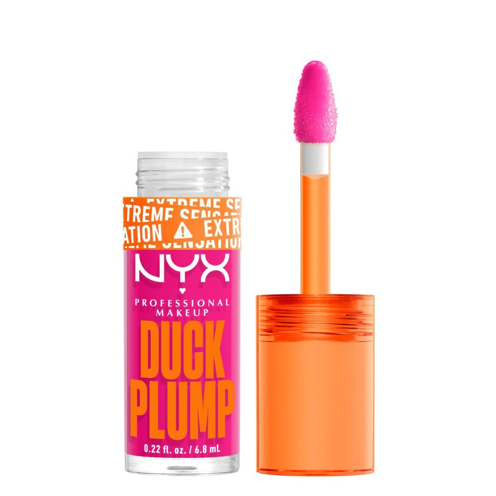 NYX Professional Makeup, Duck Plump, 7ml. Tono: Bubblegum Bae (rosa). Brillo labial voluminizador con efecto plumping para un volumen instantáneo. Gloss infusionado con jengibre picante para un volumen visible y de larga duración. Fórmula vegana.