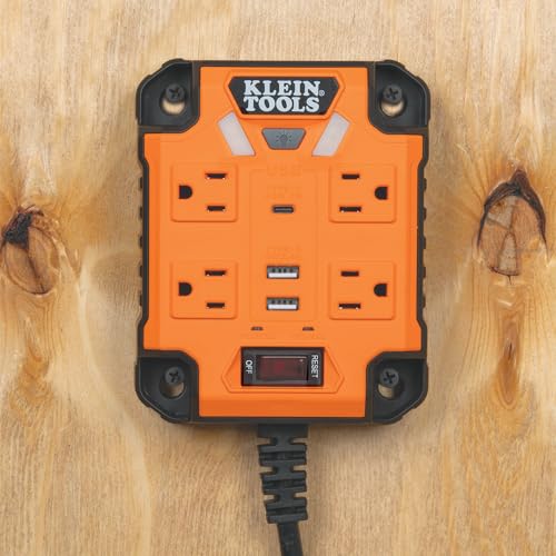 Klein Tools 29601 Multicontacto magnético con Protector de sobretensión, Cable de extensión, 4 Tomas, 3 Puertos USB, Cable de 1.5 Metros, con luz, PowerBox 1