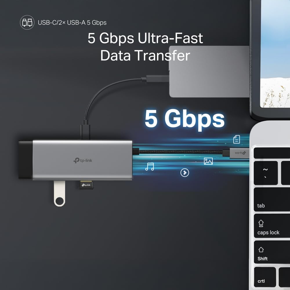 TP-Link Hub USB-C 7 en 1, HDMI 4K 60Hz, PD 100W, SD/microSD, Puertos USB-C 5Gbps y 2× USB-A, Plug & Play, Compatible con MacOS, Windows, Linux, iPadOS, iOS, Android, ChromeOS (UH7020C)