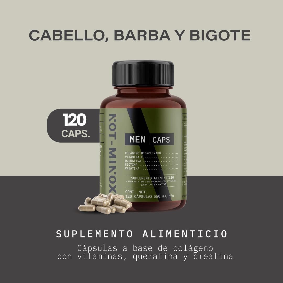 NOT-MINOX Men Caps para Crecimiento de Cabello, Barba y Bigote | Multivitamínico con Colágeno Hidrolizado, Biotina, Queratina y Vitamina E | 120 Cápsulas para 120 Días | Vitaminas para el Cabello
