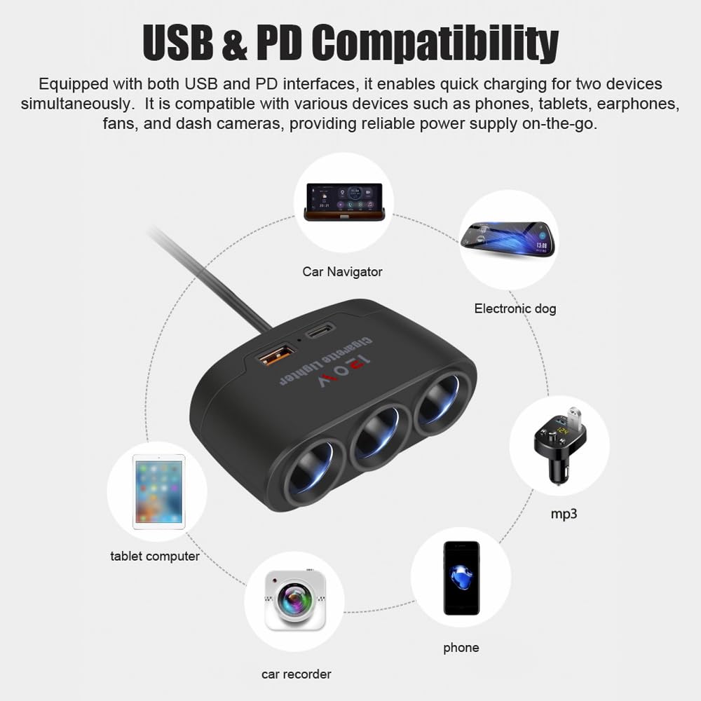AIYUNDI Divisor de Enchufe de Encendedor de Cigarrillos 3 en 1, Adaptador de Carga rápida USB + PD de 120W, Divisor de Potencia de 3 enchufes, 12-24V para Coche, camión, SUV