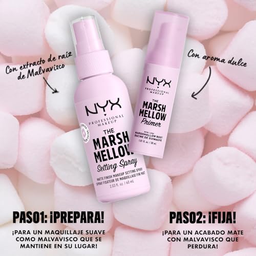 NYX Professional Makeup, Spray fijador de maquillaje 10 en 1 acabado mate, Marshmellow Setting Spray, 60ml. Matifica, suaviza, minimiza poros, prolonga la duración del maquillaje durante 16 horas, fórmula vegana