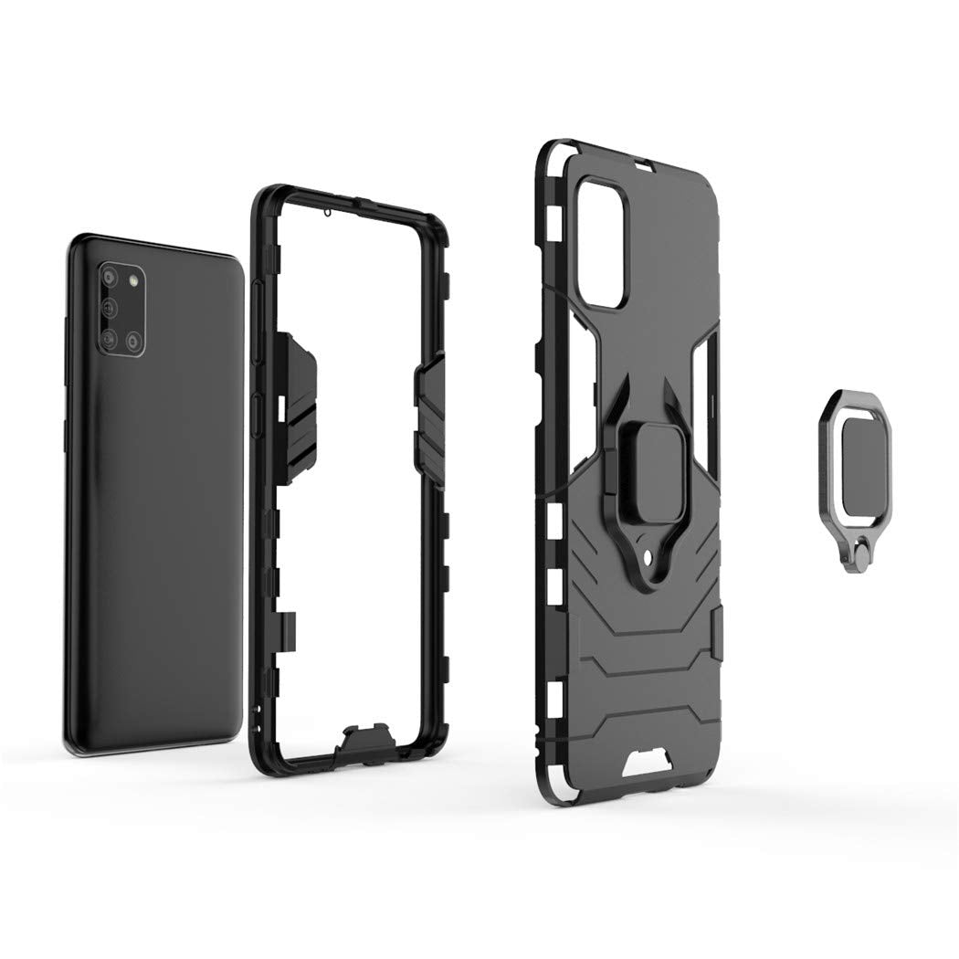 Compatible con Galaxy A31 Funda, Anillo Metálico Sujeción Soporte Antichoque Rígido Caja (Funciona con el Montaje de Coche Magnético) Doble Capa Sólido Case Carcasa para Samsung Galaxy A31 (Negro)