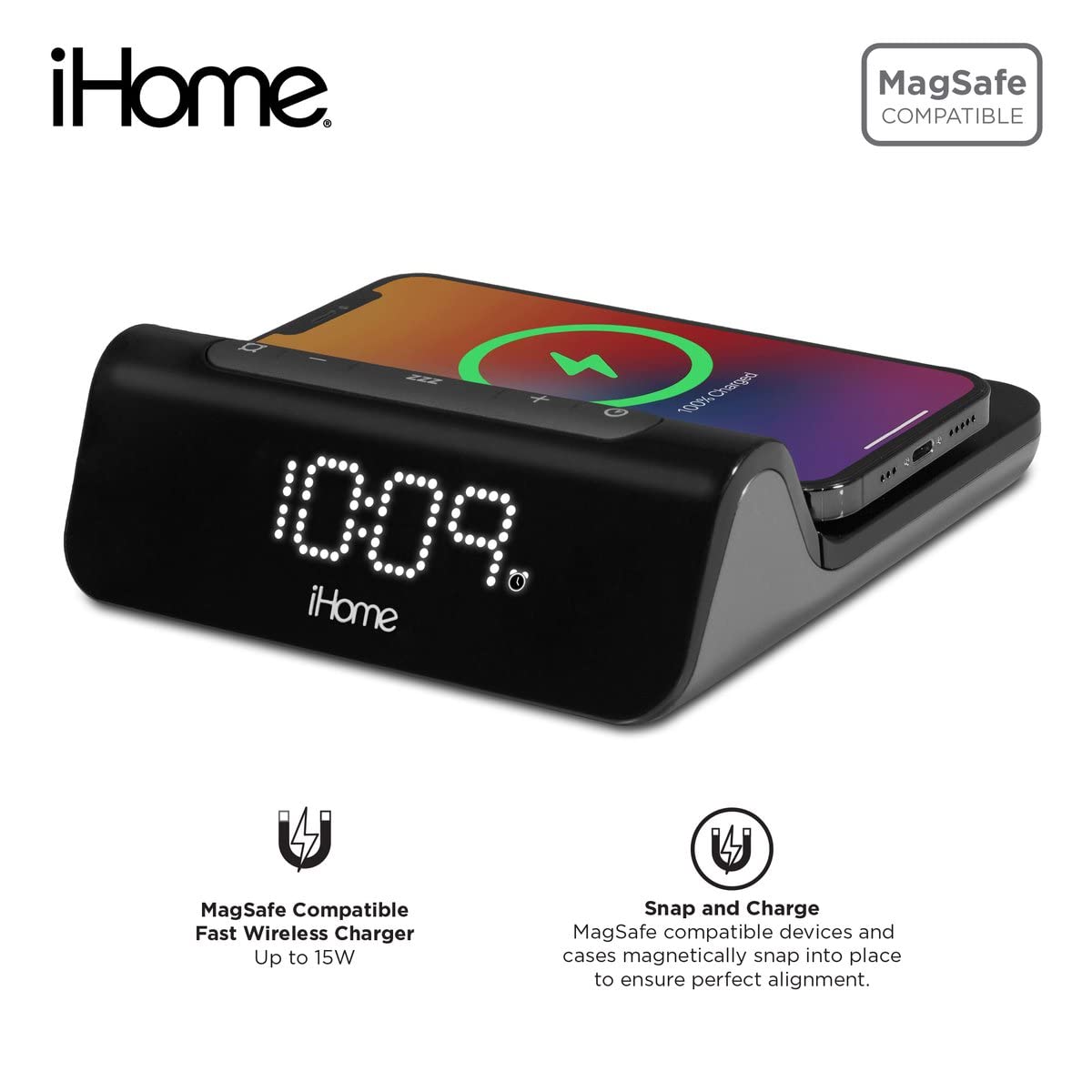 iHome 3 en 1 Reloj magnético de carga inalámbrica rápida para dispositivos habilitados Magsafe, carga USB-C y USB-A, salida de potencia total de 25 W (iW23)