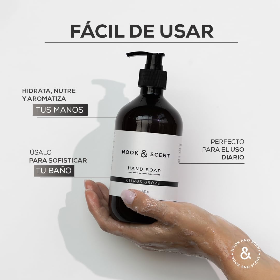 Jabón Líquido para Manos | 500 ml | Limpieza y Frescura | Libre de Sulfatos y Parabenos, Vegano, Aceites Esenciales, Aroma Energizante de Limón y Naranja | Nook & Scent (Citrico)