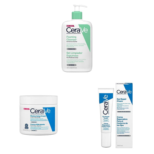 CeraVe Gel Limpiador Espumoso |473ml| Limpiador diario para piel mixta, grasa o con acné | Libre de fragancia + Crema Hidratante |454gr + Crema Reparadora para el Contorno de Ojos |14gr