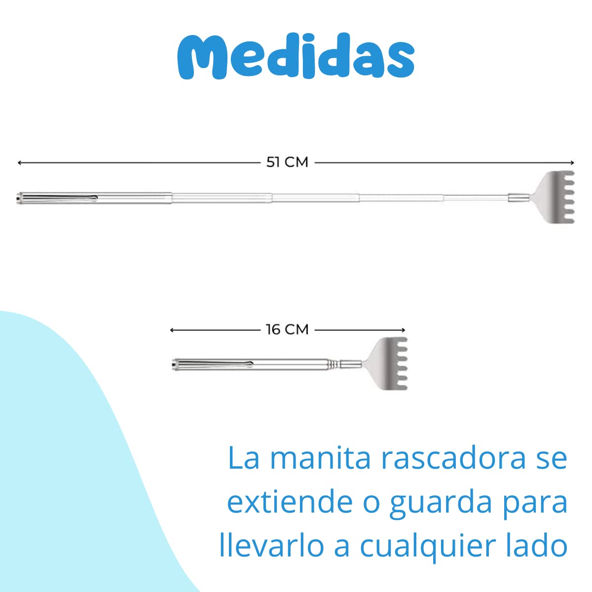 Manita Rascadora Extensible Mano De Metal Para Rascar 1pz Rascador de espalda de acero inoxidable con mango telescópico para guardarlo y llevarlo a todos lados. Manita para espalda.