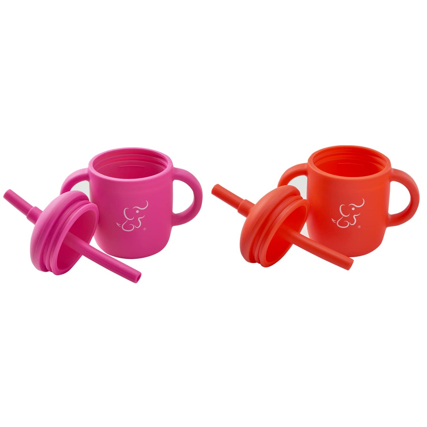 PAPU BABY Set de 2 Vasos/Tazas Entrenadoras 100 de silicón con popote y asas. (Rosa Mexicano/Rojo)