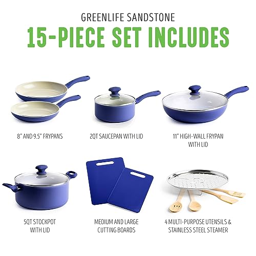GreenLife - Juego de 15 ollas de cocina y sartenes de cerámica antiadherentes, sin PFAS, apto para lavaplatos, color azul, CC007348-001