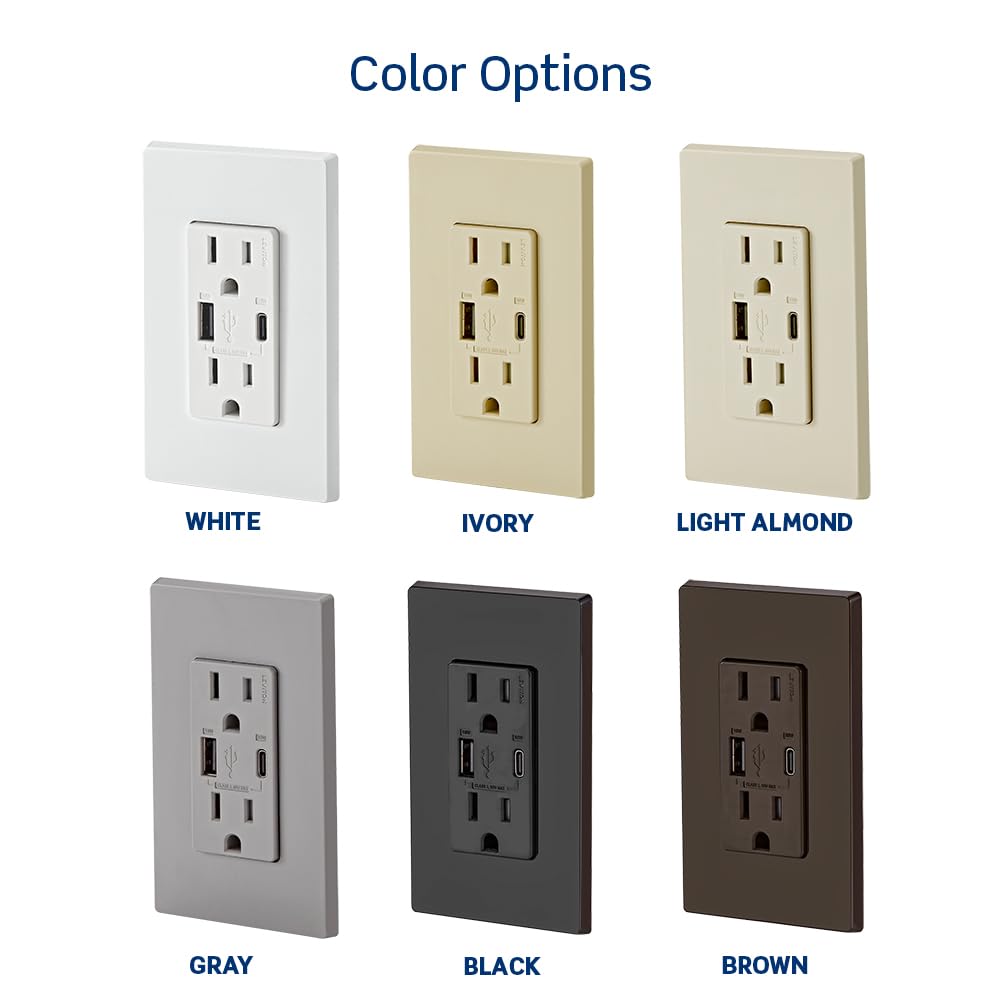 Leviton T5634-W 60W (20V a 2.5A+ 5V a 2A) Cargador USB de Doble Tipo A/Tipo-C para Entrega de energía en la Pared con Toma de 15A Resistente a manipulaciones, Cargador USB para Smartphones, tabletas,