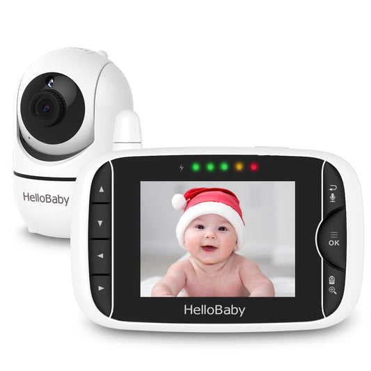 HelloBaby Video Baby Monitor with Remote Camera Pan-Tilt-Zoom, 8.1cm Colour LCD Screen, Infrared Night Vision, Temperature Display, Lullaby, Two Way Audio, with Wall Mount Kit