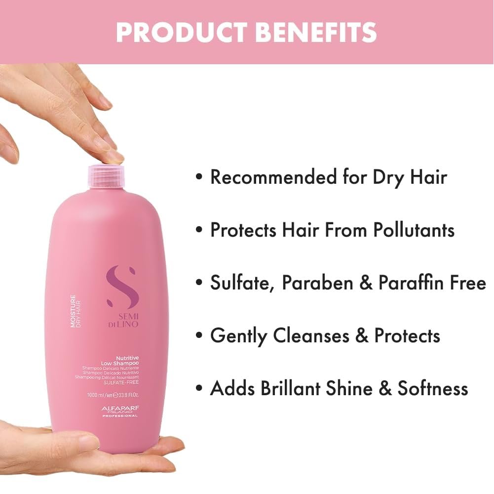 Champú Nutritivo sin sulfatos para Cabello Seco, sin Parabenos - Alfaparf Milano Semi Di Lino - 33.8 oz - Cuidado Profesional para Cabello Tratado con Color