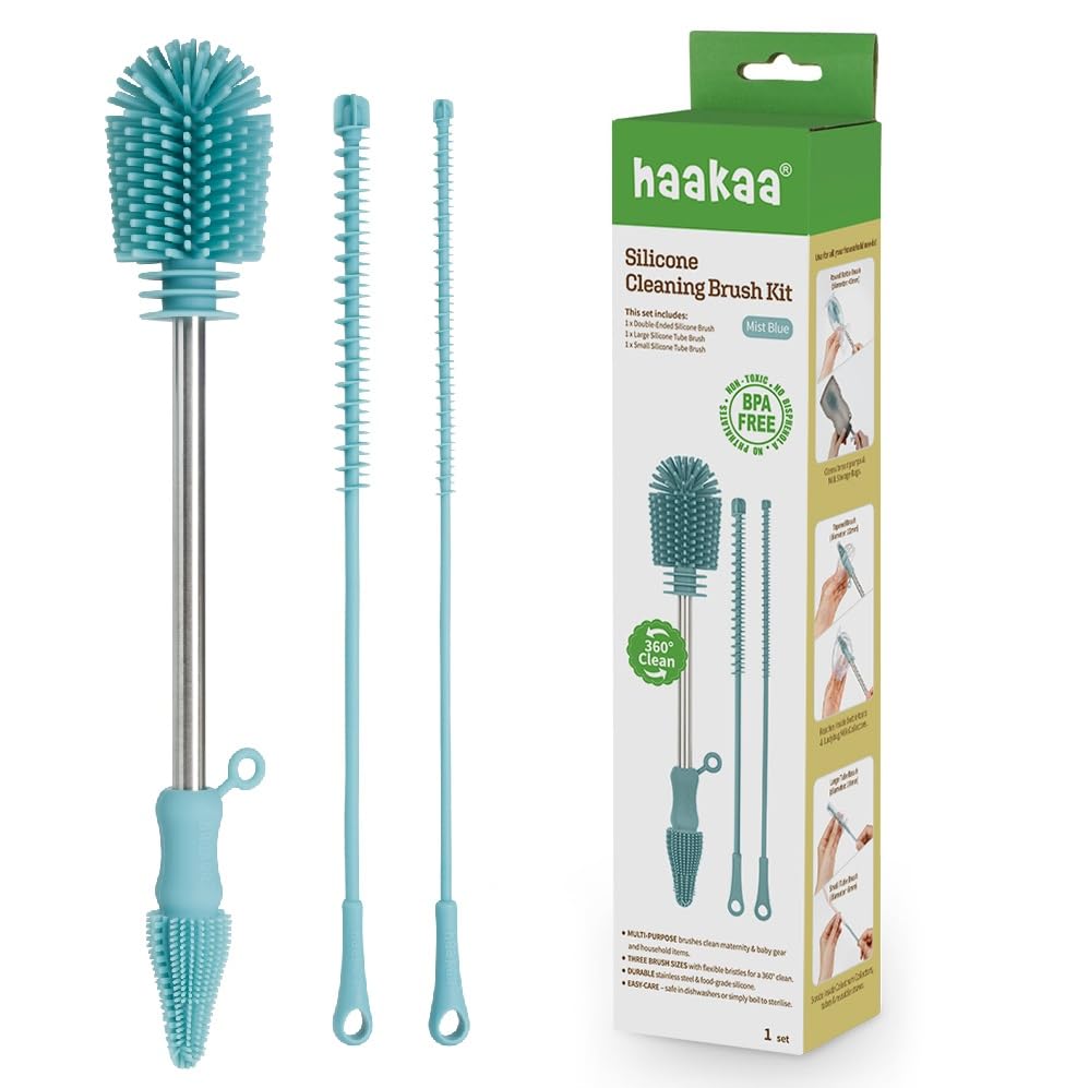 Haakaa Kit de cepillo para polvo de limpieza de silicona de grado alimenticio, 3 piezas (kit de niebla azul)