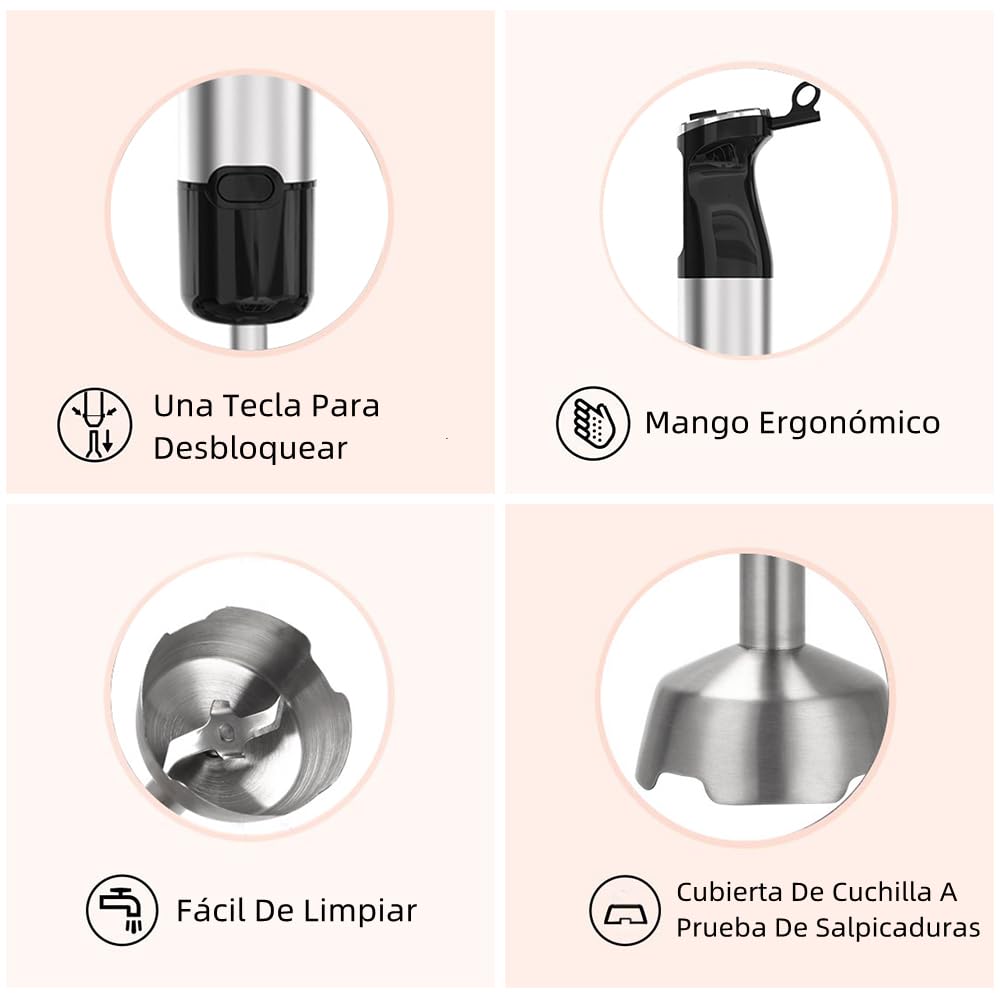 Feiniao 5 EN 1 Licuadoras de Mano, Licuadora Manual 600W, Batidora de Inmersión, Batidor de Mano con Varilla Trituradora, Taza de Molienda, Picadora de Carne, Espumador de Leche, Batidor de Huevo
