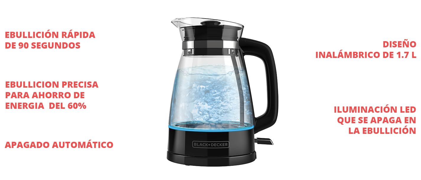 BLACK+DECKER Hervidor Eléctrico 1.7 Lts con Luz LED, Base Giratoria y Apagado Automático