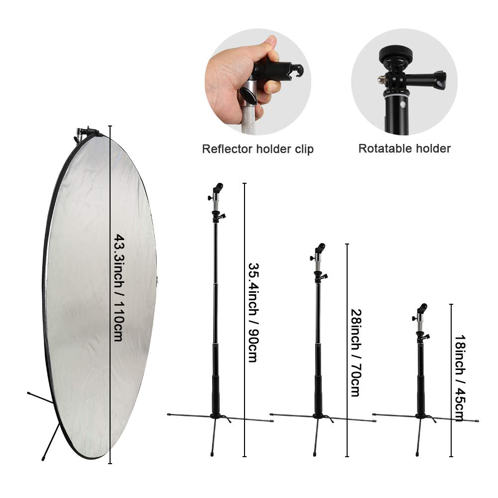 Reflector de luz 5 en 1 plegable con abrazadera de metal y soporte de luz para estudio de iluminación al aire libre (plata/oro/blanco/negro/translúcido) de 43 pulgadas