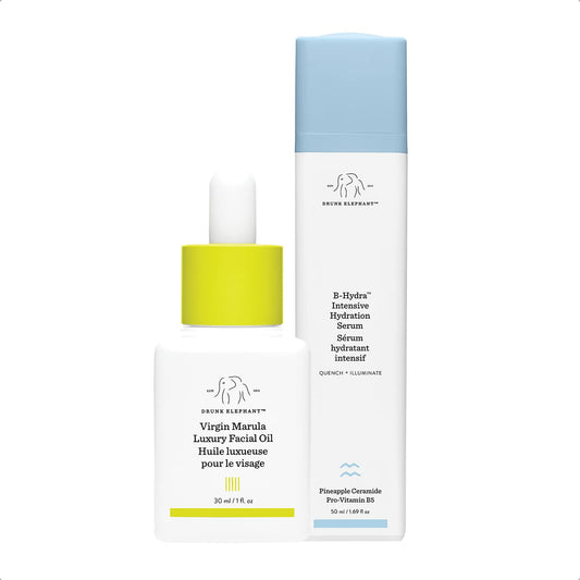 Drunk Elephant dúo hidratante completo con gel de hidratación intensiva B-Hydra (50 ml) y aceite facial de lujo Virgin Marula (30 ml)