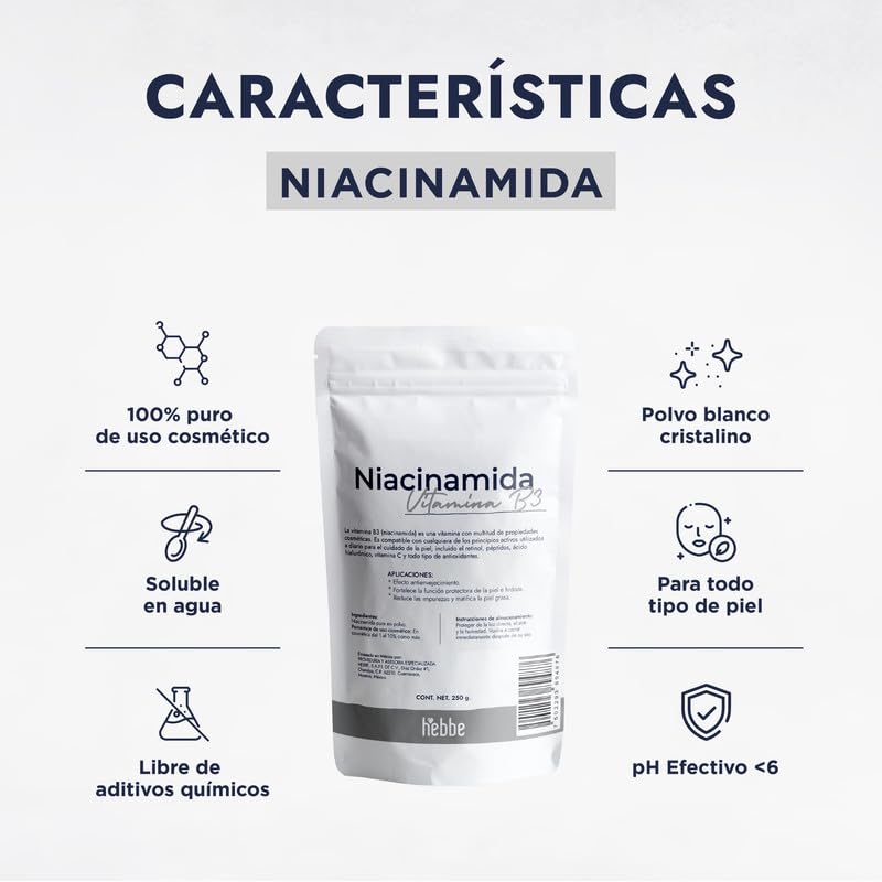 Hebbe - Niacinamida Pura para Rejuvenecimiento y Cuidado de la Piel, 250 g