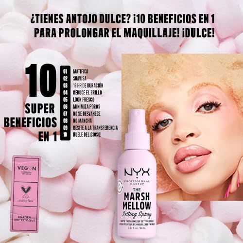 NYX Professional Makeup, Spray fijador de maquillaje 10 en 1 acabado mate, Marshmellow Setting Spray, 60ml. Matifica, suaviza, minimiza poros, prolonga la duración del maquillaje durante 16 horas, fórmula vegana