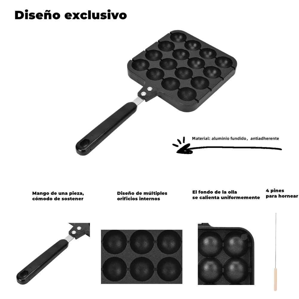 Plato Antiadherente para Parrilla Takoyaki Sólido con 16 Agujeros y 4 Pines para Hornear