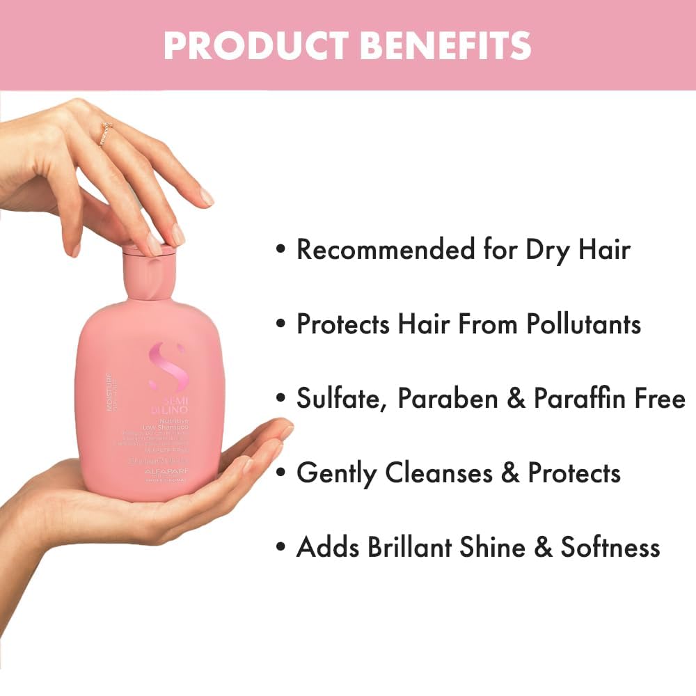 Champú hidratante sin sulfato Alfaparf Milano Semi Di Lino para cabello seco - Nutrición y protección para cabello teñido - Libre de SLS, parabenos y parafina - Calidad profesional de salón - 249 ml
