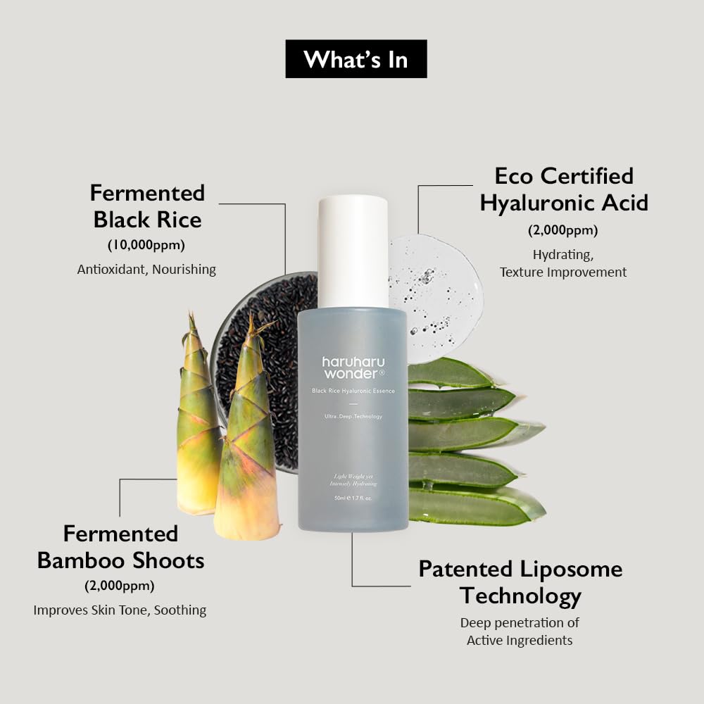 Haruharu WONDER Black Rice Hialuronic Essence 1.6 onzas líquidas (50 ml) antioxidante e hidratación intensiva, antienvejecimiento, nutrición para la piel firme, liposoma de ginseng Panax para una piel limpia
