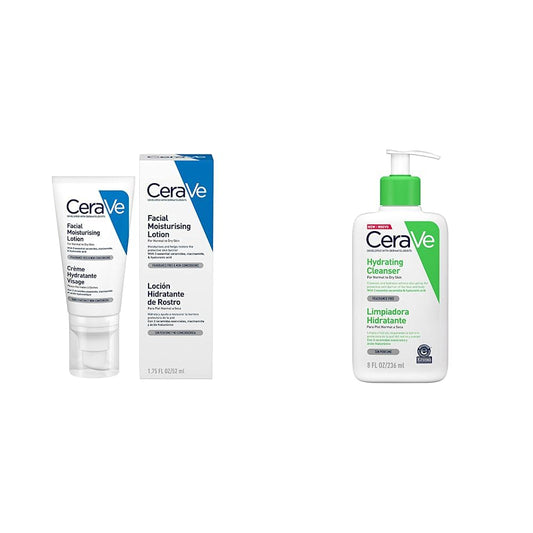 CeraVe Loción Hidratante de Rostro |52ml| Hidratante facial de noche con textura ultraligera | Libre de fragancia + Limpiadora Hidratante |237ml| Limpiador facial diario para piel seca