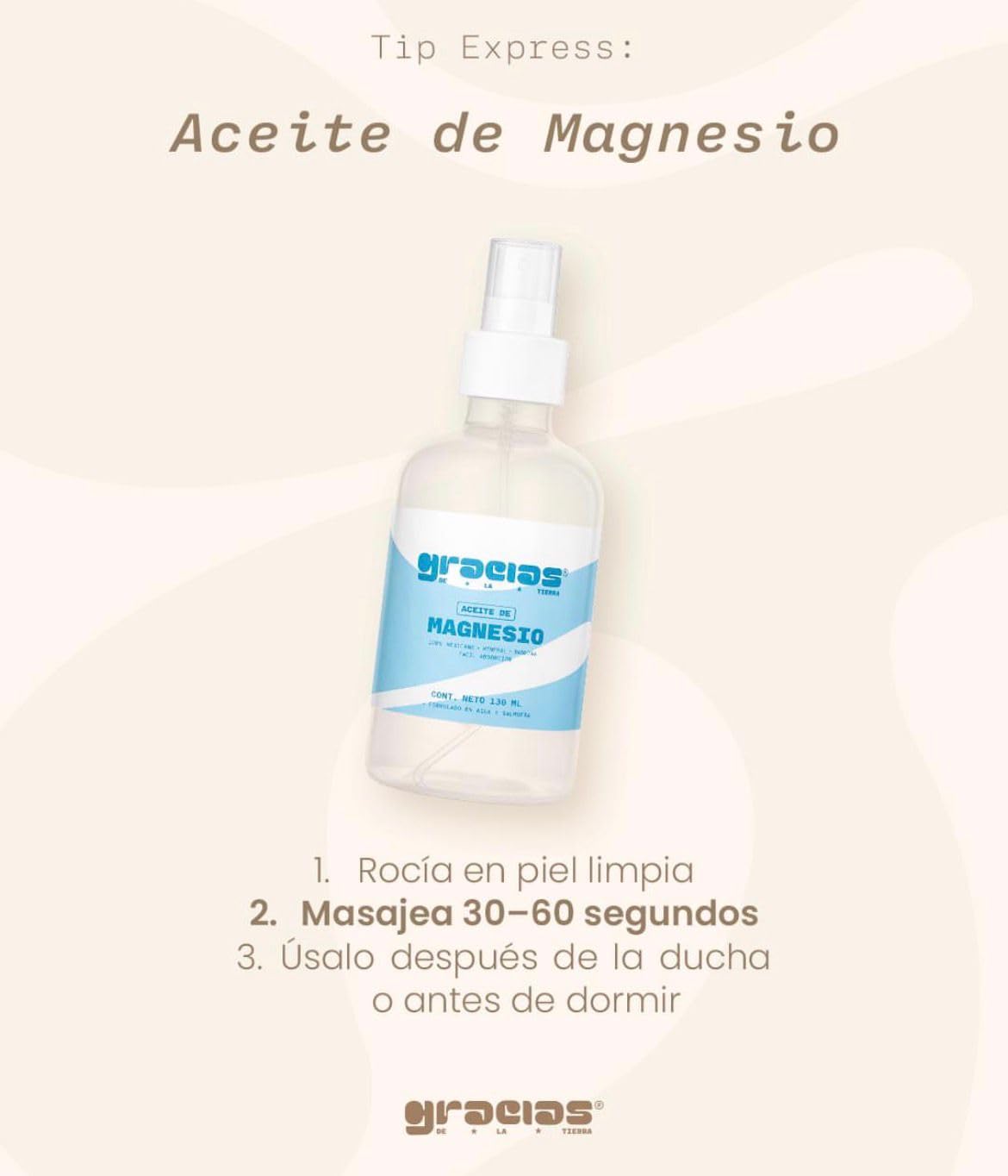 Aceite de Magnesio Spray Transdérmico 130ml | Cloruro de Magnesio 25% | Alivia Dolores Musculares y Calambres | Mejora el Sueño | Gracias de la Tierra
