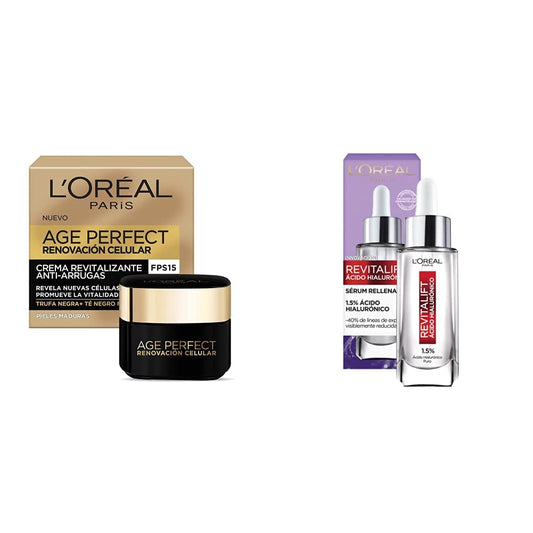 L'Oreal Paris Crema Antiarrugas, Age Perfect, 50 ml + Serum Facial Anti Arrugas Acido Hialuronico Revitalift