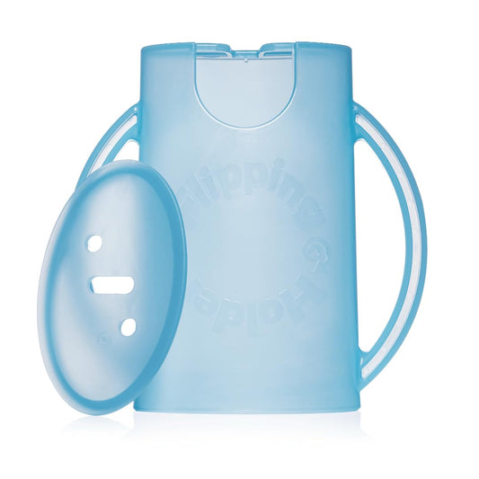 (Aqua blue) - The Flipping Holder, a mess-free food pouch and juice box holder for babies, toddlers, and kids