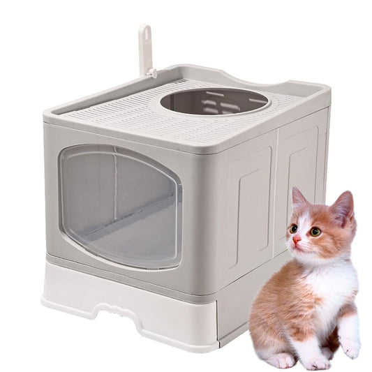 Arenero/Inodoro para Gato con Pala de Plegable, Caja de Arena para Gatos Removibles 51*44*41cm con Puerta Superior&Puerta Lateral Móvil de dos Direcciones, Antiolor y a Prueba de Salpicaduras (Gris)
