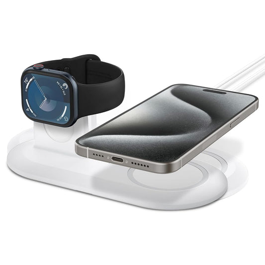 Spigen mag Fit Duo diseñado para Soporte de Cargador MagSafe para Modelos iPhone 16, iPhone 15, iPhone 14, iPhone 13, iPhone 12/Soporte Apple Watch para Todas Las Series/Airpods - Blanco