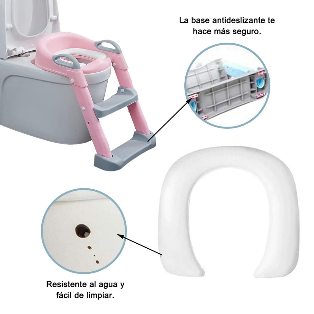 Jiula Asiento de Entrenamiento para Baño con Escalera Antideslizante - Asiento Entrenador para Baño Niño, Taburete Plegable Infantil para Taza, con Acolchonado, Asiento Ergonómico Rosa, A, Cojín Duro