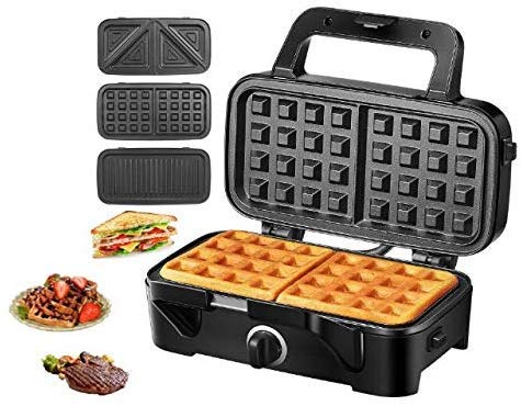 HOUSNAT Sandwichera, waflera 3 en 1 con platos extraíbles, prensa Panini de 1200 W con placas antiadherentes intercambiables, luces indicadoras, control de temperatura de 5 engranajes (negro)