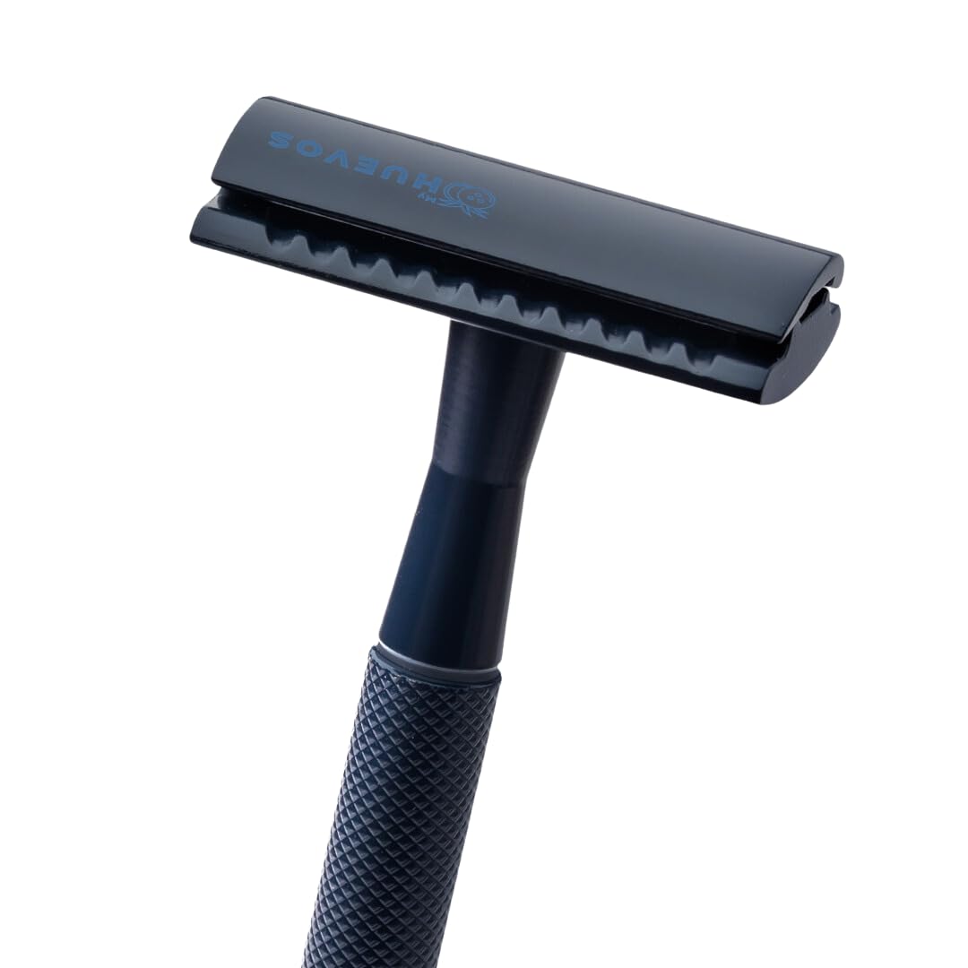 My Huevos - Safety Razor Rastrillo de Afeitar Masculino con 5 Hojillas de Repuesto - Afeitado Seguro y Preciso para Barba y Bigote - Mango de Metal Antideslizante - Color Azul