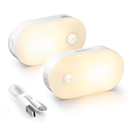 Lyridz - Luz nocturna recargable con sensor de movimiento, mini luz LED blanca cálida para clóset, brillo ajustable para baño, recámara, cocina, clóset, escaleras, pasillo, paquete de 2
