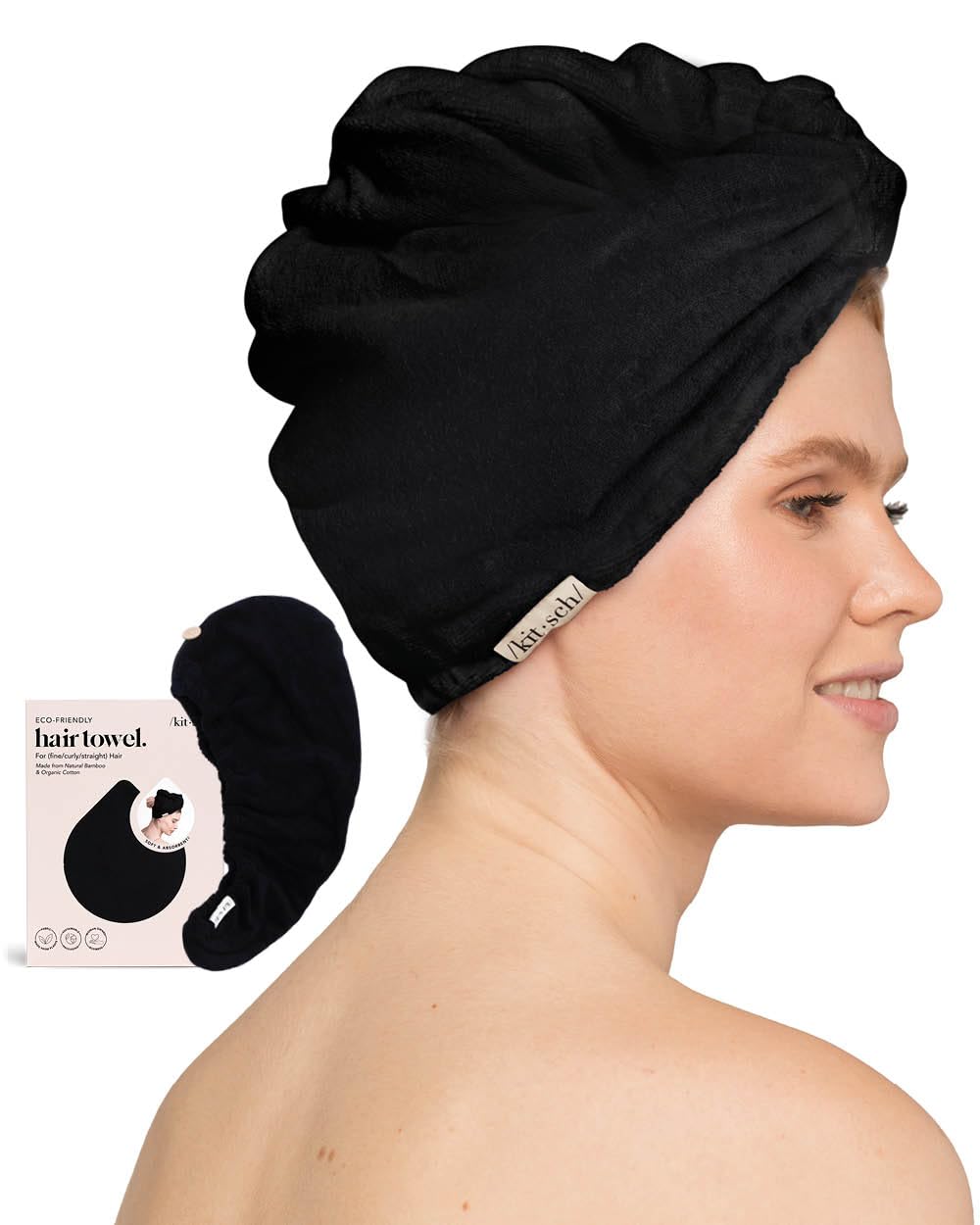 Kitsch Toalla de microfibra para el pelo para mujer, turbante de pelo para secar el cabello mojado, toallas de pelo f ciles de girar, toalla de microfibra s per absorbente y ultrasuave, toalla de pelo despu s del spa (negro)