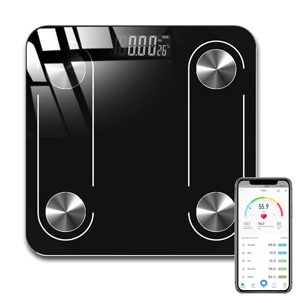 INGEQUIS Báscula Inteligente de Grasa Corporal, Balanza Digital Recargable USB para Detectar Datos de Salud, Medición Precisa con Vidrio Fino y Elegante, Transmisión via Bluetooth en APP Celular