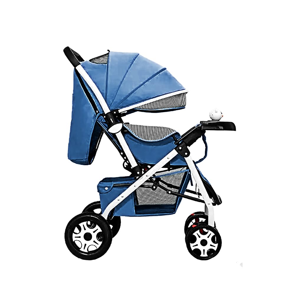 Carriola De Bebé Plegable Rosa (Azul) Carriola De Bebé Plegable Mango Reversible Respaldo Ajustable Ruedas Delanteras Giratorias Arnes De Seguridad De 5 Puntos Bandeja De Comida Y Musica 2 En 1