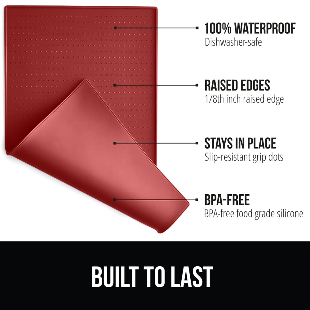 Gorilla Grip 100% Impermeable con Borde Elevado, Alfombrilla de alimentación de Silicona para Mascotas, sin BPA, Las Alfombrillas para Comida para Perros y Gatos contienen derrames, 18.5x11.5 Red