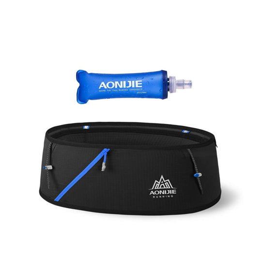 Aonijie - Cinturón de correr con botella de agua de 250 ml, 3 bolsillos, para maratón, escalada, ciclismo, entrenamiento, fitness, soporte para teléfono celular (Negro, L-XL)