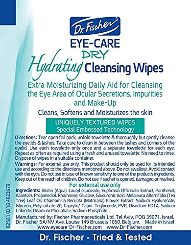 Dr. Fischer Daily hygienic & hydrating eyelid wipes- Complementary aid for dry eye syndrome & cleanse the eye area of ocular secretions. Moisture enriched to effectively clean & moisturize (30 Wipes)