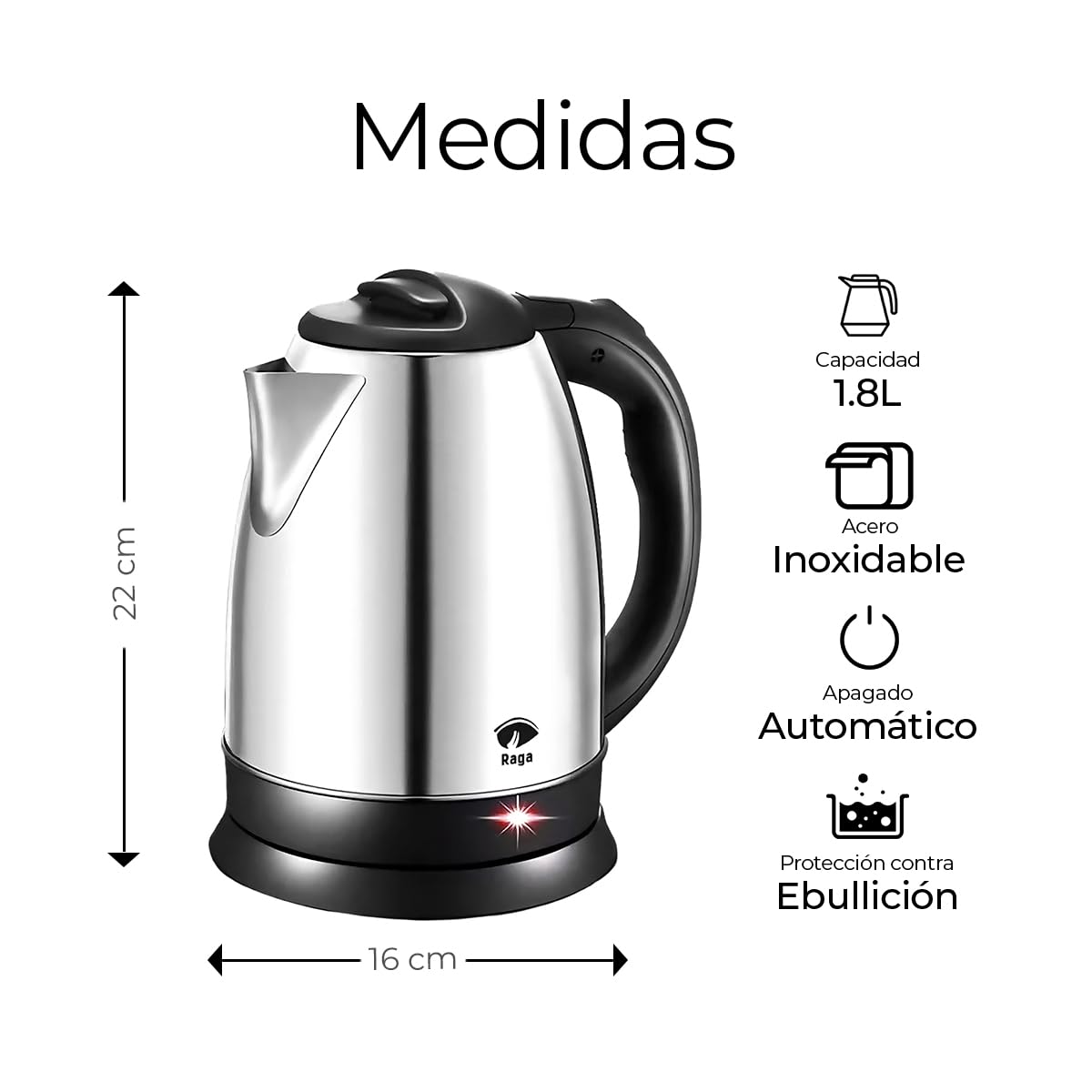 Tetera Eléctrica RagaBasics Acero Inoxidable Apagado Automático 900W 1.8 Litros