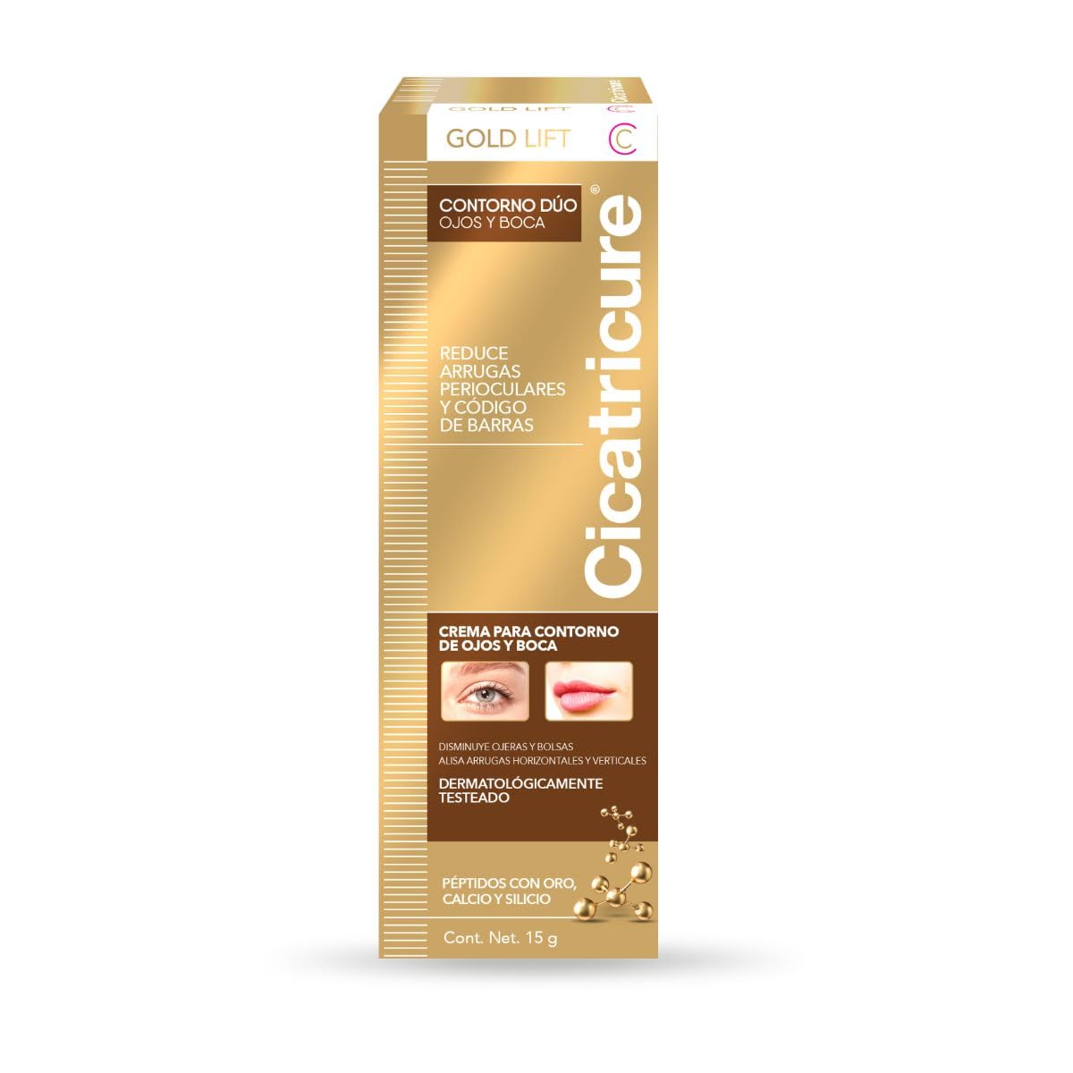CICATRICURE - GOLD LIFT Contorno Dúo, Ojos y Boca. En 6 semanas reduce arrugas perioculares y código de barras, con péptidos con Oro, Calcio y Silicio, tubo con 15g