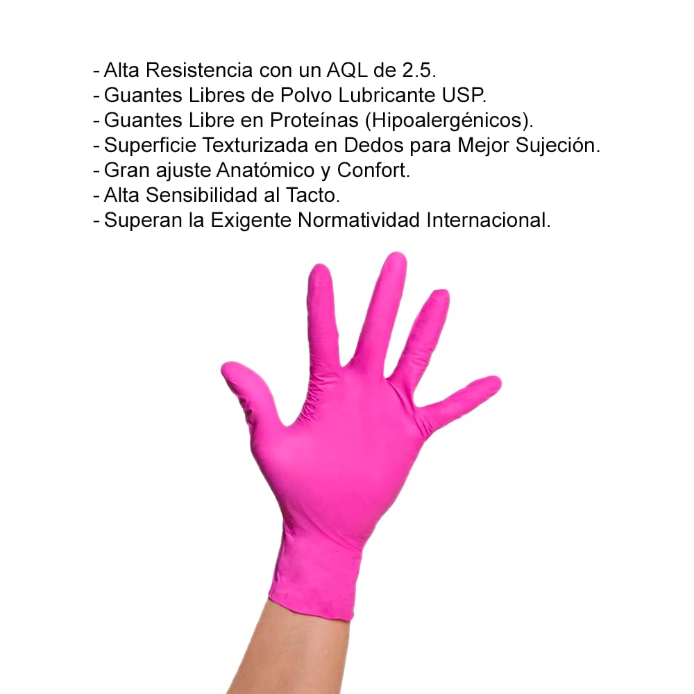 Guantes de Nitrilo Rosa Fuerte, Talla Chica, Caja 100 Unidades, Sin Polvo, Ambidiestros (Mediano)
