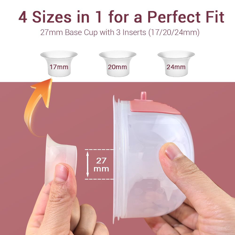 Copas de recolección de leche materna portátiles manos libres, Caracups compatibles con bombas de pecho Medela & Spectra S1 S2 9 Plus, bridas de silicona de 27 mm con inserciones de 17/20/24 mm (copas